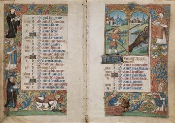 MANUSCRIPT LEAVES.  Illuminated vellum bifolium from the calendar of a Book of Hours.  France, later 15th century